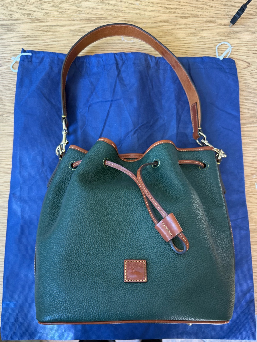 Dooney & Bourke Green Pebbled Leather Drawstring Shoulder Bag with Brown Trim
